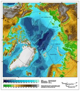 Topographic map of the Arctic by the U.S. National Oceanic and Atmospheric Administration, at http://www.ngdc.noaa.gov/mgg/image/IBCAO_betamap.jpg